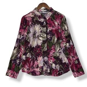 Van Heusen Studio Button Up Shirt Blouse XL Purple Floral 100% Cotton Artsy Boho